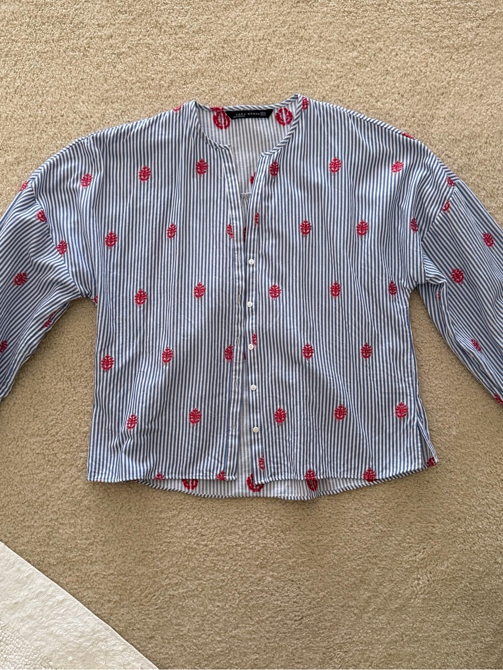Zara Blue & White Striped Puff Sleeve Blouse with Red Embroidery - Size XS